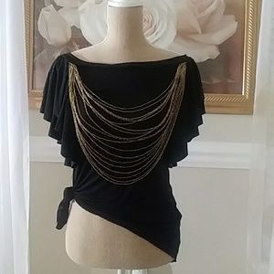Black Ruffled Top with Gold Beads